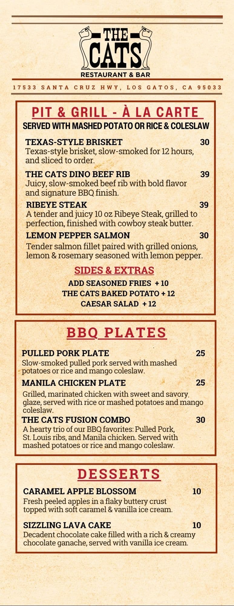BBQ dinner ala carte menu