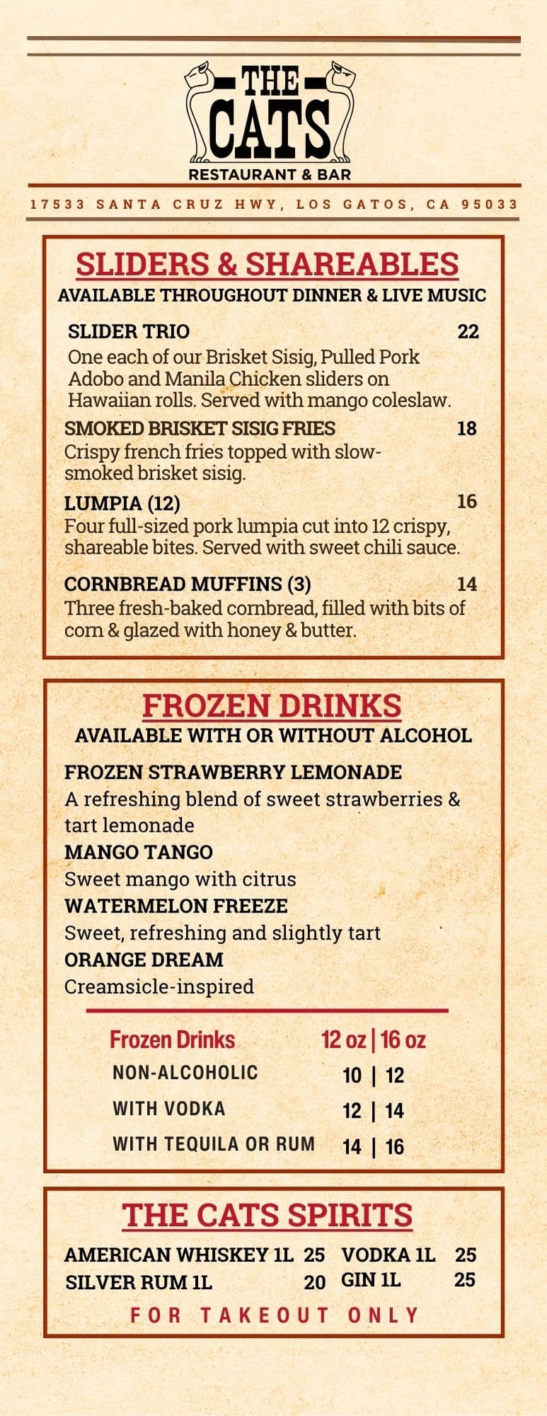 BBQ sliders and frozen drinks menu