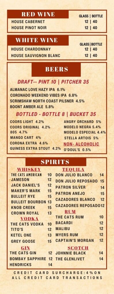 Drinks and Beer menu